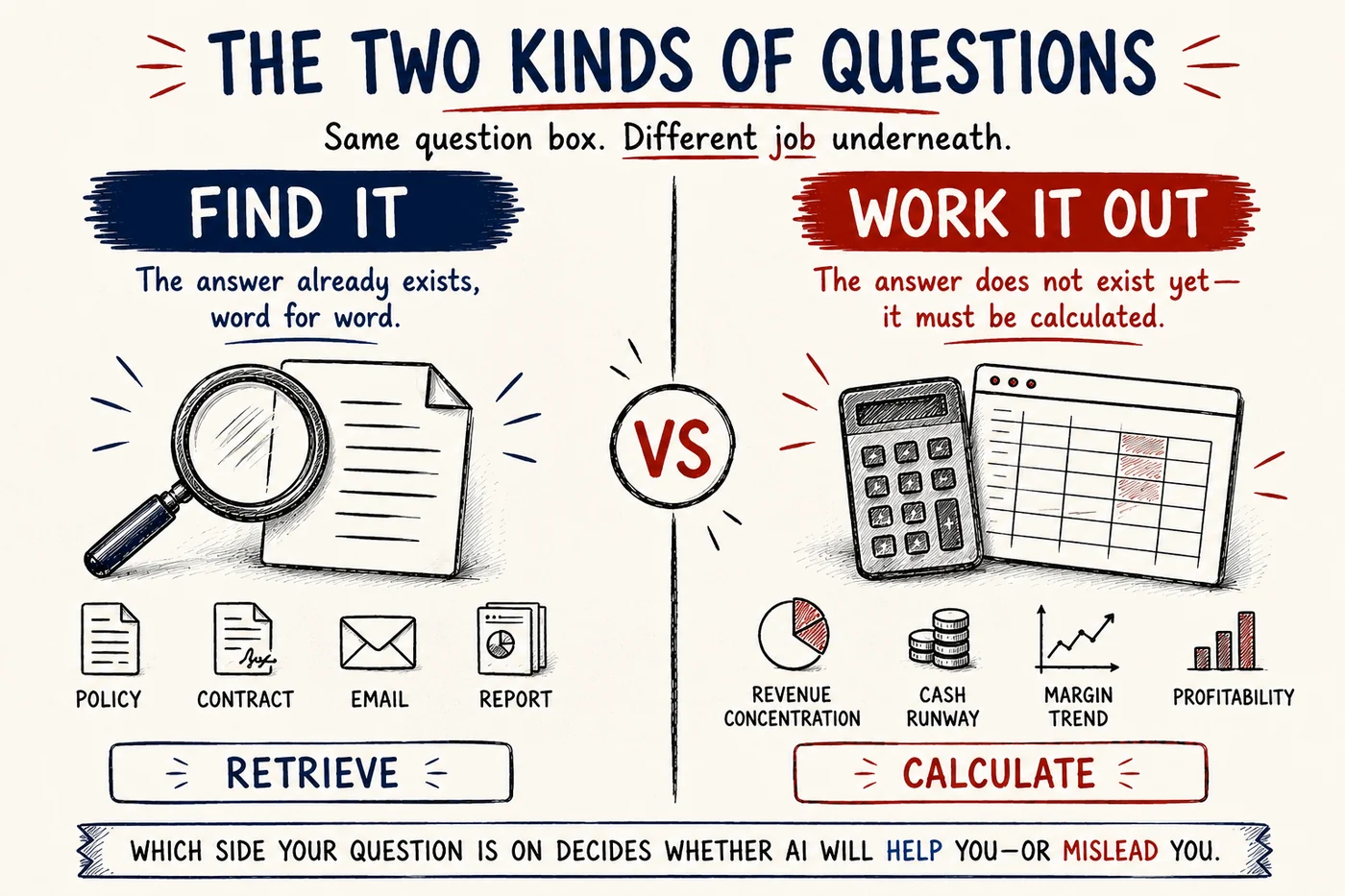 Two kinds of questions: find it, where the answer already exists word for word, and work it out, where the answer must be calculated.